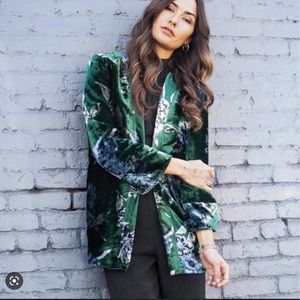 Anthropologie Eva Franco Green Velvet Bloom Floral Open Front Car Coat